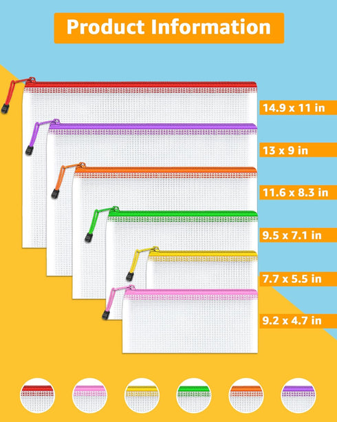 Umriox Zipper Mesh Document Pouch, 6 Assorted Sizes, Clear Waterproof Zipper Pouches for Craft Projects