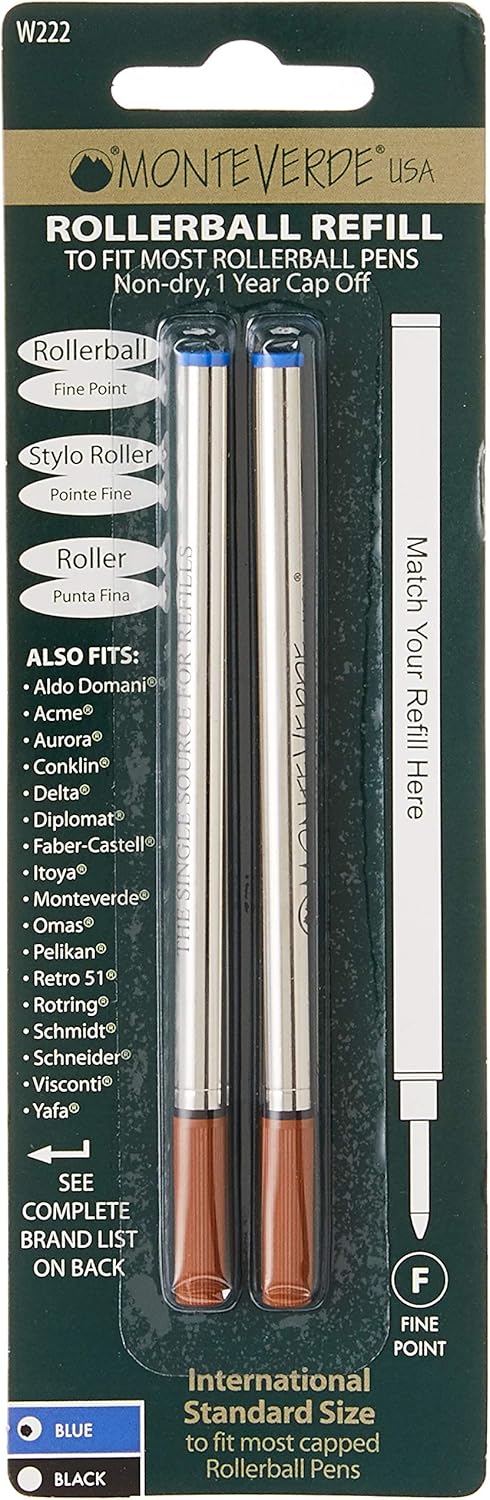 Monteverde Rollerball Refill, Fine Point, Blue - 2 per Pack, Fits Waterman Rollerball Pens (W222BU)