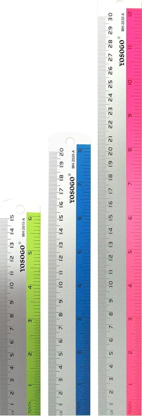 Set of 3 Aluminum Rulers, 6”, 8”, 12” in Inch and cm Scale, Random Color
