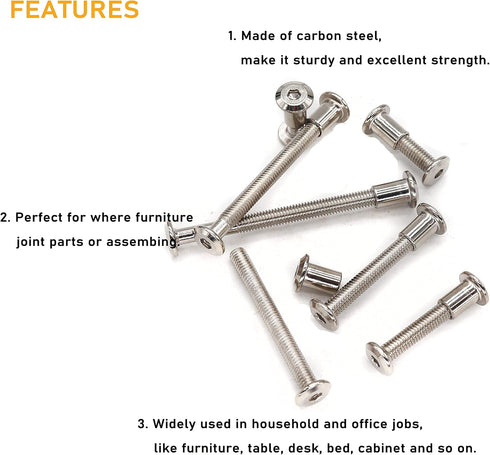 binifiMux 10-Set M6x20mm Rivet Countersunk Hex Socket Cap Bolts – Hex Head Barrel Nuts for Furnitures Cribs Chairs,