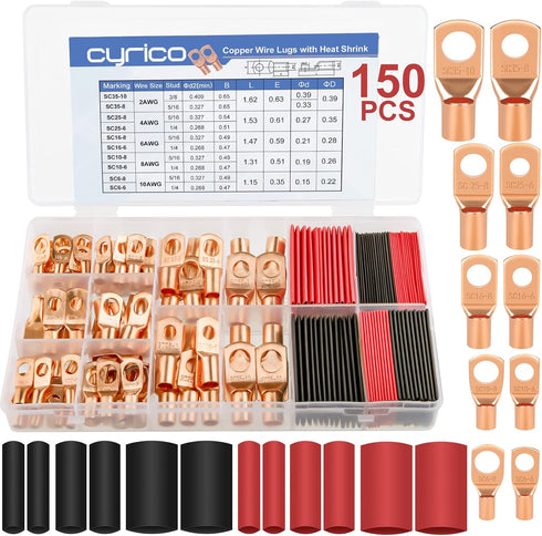 150pcs Battery Cable Ends Assortment Kit - 70Pcs Ring Wire Terminal Connectors & 80Pcs Heat Shrink Tubing for Marine
