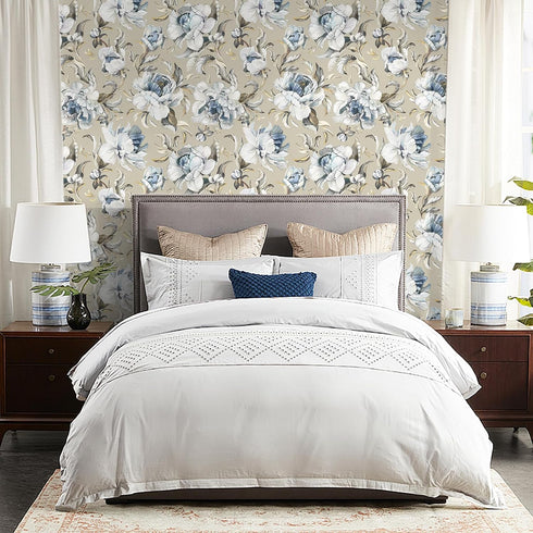 HAOKHOME 94030-2 Vintage Damask Wallpaper Peel and Stick Floral Removable Wall Paper Tan/Cream/Blue for Bedroom Contact Paper 17.7in x 9.8ft by HAOKHOME