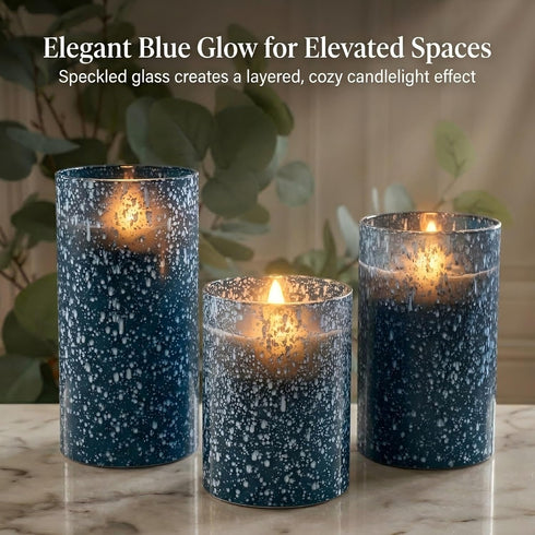Set 3, Blue Flameless Candles with Remote, Battery Operated Pillar Candles of Flickering Real Wax LED Candles