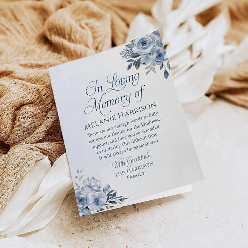 Set 4.255.5in.(Folded Personalized Soft Blue Floral Sympathy Thank You Cards, Folded Watercolor In Loving Memory Notes