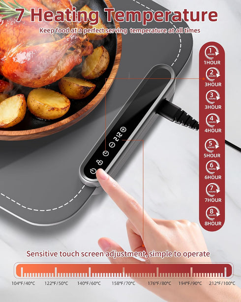 7 8 Warming Mat for Food, Upgraded Fast-Heating Electric Warming Tray with Temp Levels & Timers, Buffet Raised Feet