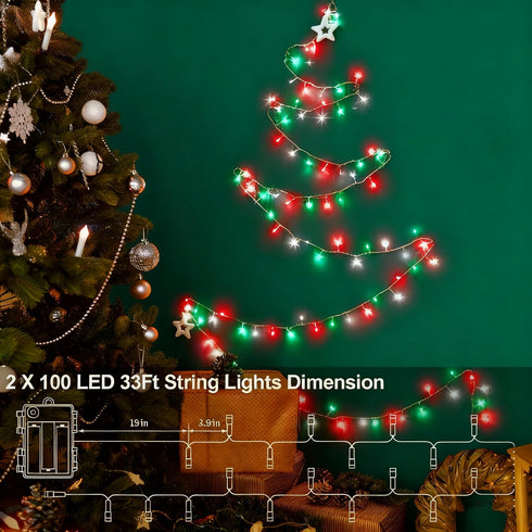 2 Pack 100 33Ft 8 Red White Green Christmas String Lights Battery Operated, LED String Lights with Timer Modes Outdoor