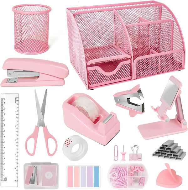Pink Desk Organizers and Accessories, Mesh Office Supplies Set with Tape Dispenser, Stapler, Phone Holder, Scissors
