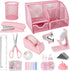 Pink Desk Organizers and Accessories, Mesh Office Supplies Set with Tape Dispenser, Stapler, Phone Holder, Scissors