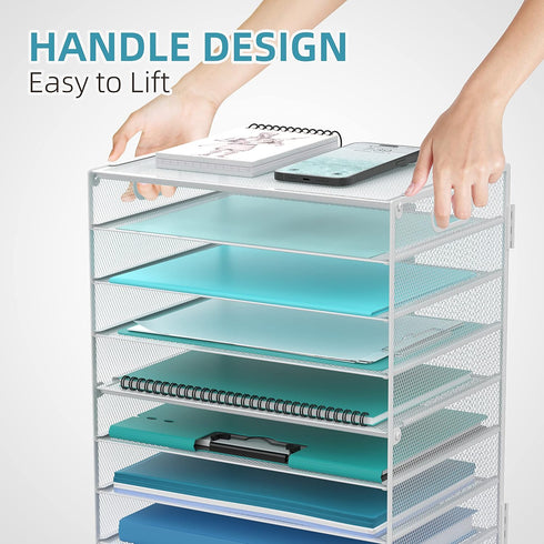 DALTACK 9-Tier Paper Letter Tray Desk Organizer with Handles, Mesh File Holder for Office, Home, School, White