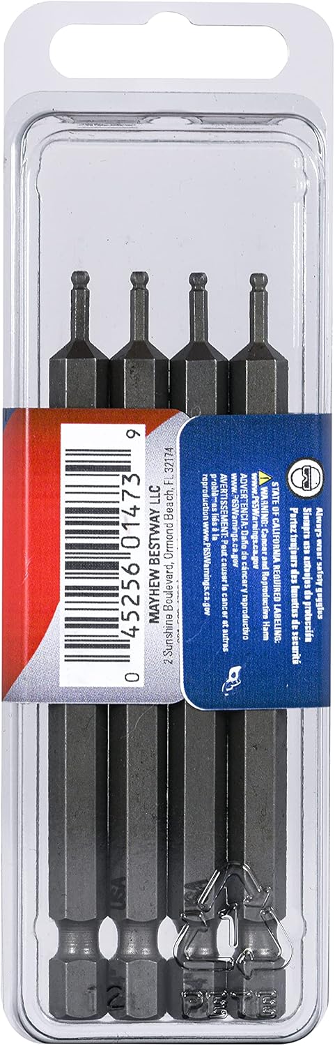 Mayhew Tools 19514-4 USA SAE Ball Hex Power Bit, 4-Pack, 5/64 x 3.5"