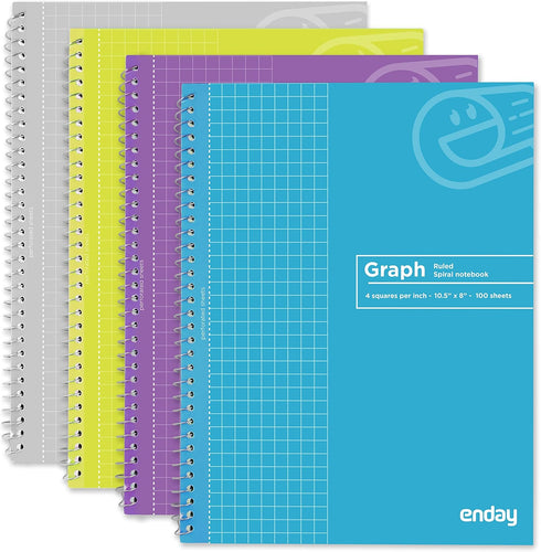 Emraw Graph Paper Notebooks, Spiral Quad Ruled Grid Notebook, 100 Sheets, Assorted Colors, Pack of 4