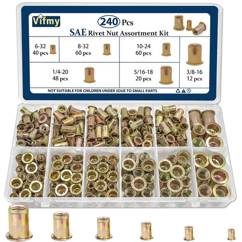Vifmy SAE Rivet Nut Assortment Kit(240Pcs), #6-32#8-32#10-24 1/4"-20 5/16"-18 3/8"-16 UNC Rivnut Threaded