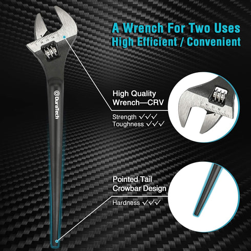 DURATECH 8-Inch Adjustable Construction Spud Wrench, Black Oxide Finish, CR-V Steel, SAE and Metric Scale