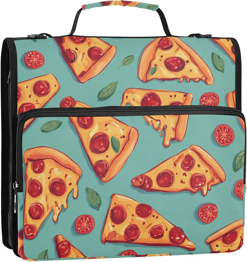 Fisyme 3 Sausage Pizza Cute Zipper Binder Ring with Zipper and Shoulder Strap Large Capacity Multi-Pocket Binder