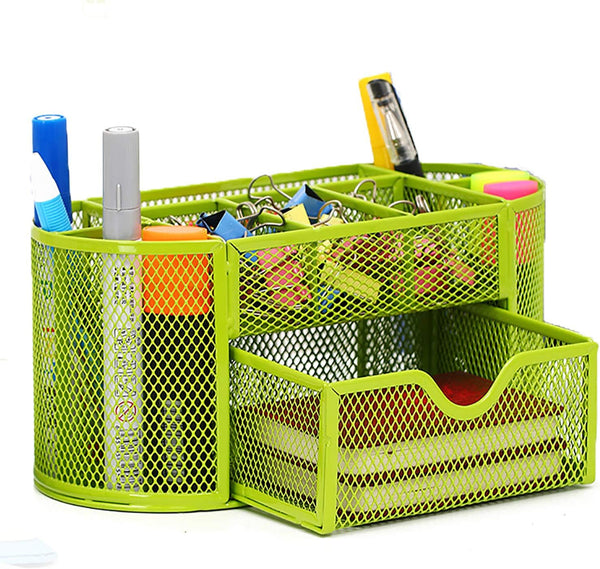 VANRA Metal Mesh Desk Supply Caddy, Desktop Office Supplies Organizer, 8 Compartments with Drawer (Green)