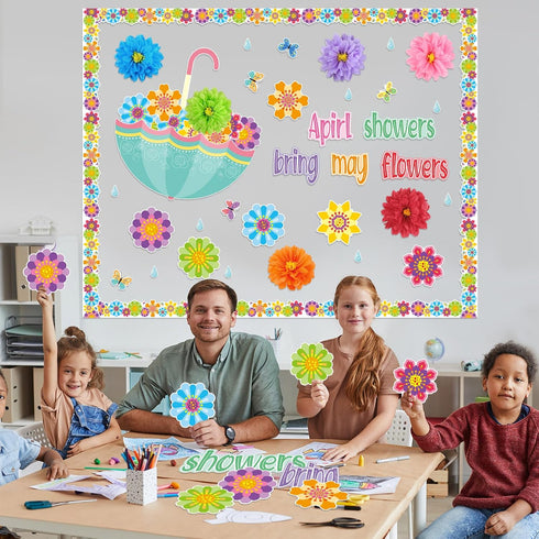 TaoBary 96 Pcs April Showers Bring May Flowers Bulletin Board Cutouts - 3D Tissue Paper Flower Spring Classroom