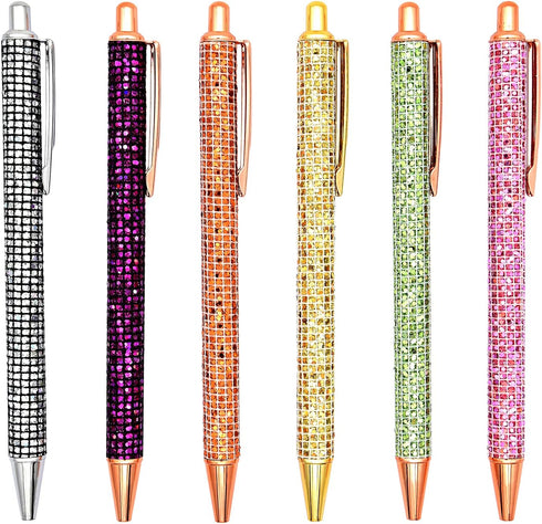 Gullor 6 Pieces Glitter Metal Black Ink Retractable Ballpoint Pen - Bling Rose Gold Clip for Office