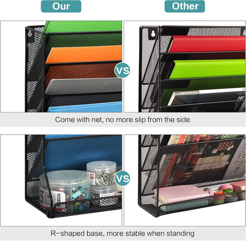 Wall Mounted 4 Tier File Organizer, Durable Adjustable Metal Vertical Hanging with 4 Pen Slots for Office, Black