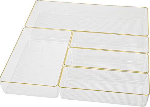 Martha Stewart Kerry Plastic Stackable Office Desk Drawer Organizers, Set of 5 with Gold Trim