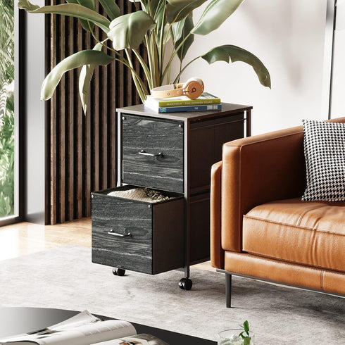 DEVAISE 2 Drawer Mobile File Cabinet, Rolling Printer Stand, Charcoal Black Wood Grain Print
