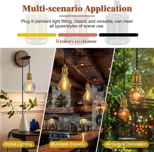 Puanticn 16.4 E26 E27 Bulb Bulb Ft Retro Hanging Lamp with Plug in Cord, Black Thicken Round Pendant Light Cord