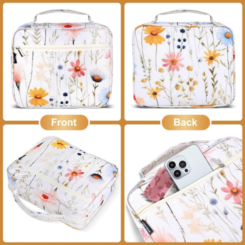 Waterproof Thick Bible Cover Case for Women, Large 11x9x3 inch White Floral Bible Cover with Strap and Zipper Pockets