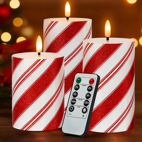 Christmas Glitter Red Stripes LED Flameless Candles, Battery Operated Real Wax Pillar