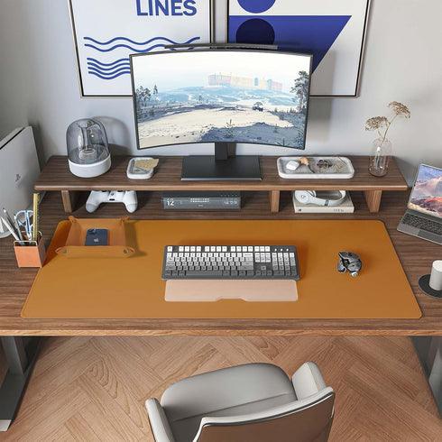 DAWNTREES Dual Sided Desk Mat, Leather Desk Pad, Brown 35.5"x17", with PU Leather Valet Tray Organizer