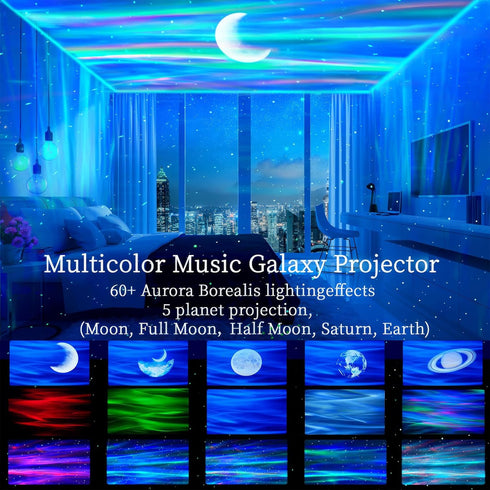 60+ Aurora Northern Lights Projector: Light Effects White Noise Stars Sky Moon Lights for Bedroom Bluetooth Remote