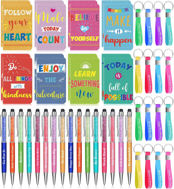 PerKoop 48 Pcs Inspirational Gifts Set, Motivational Notepads, Ballpoint Pens, Keychains, Cute Colorful Journals