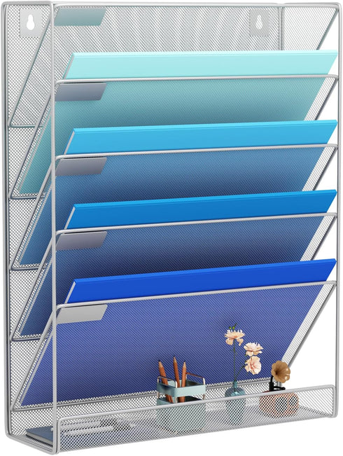 Wall File Organizer Holder, Mesh Hanging Paper Document Holder, Vertical 6 Pocket Tier