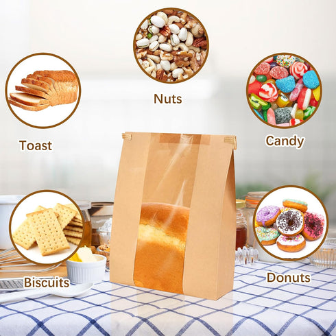 100 Pack 100 Packaging 13.7 8.3 3.5 Paper Bread Bags for Homemade Bread with Window and Label Stickers,Sourdough Bread