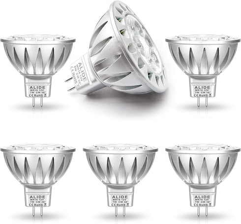 ALIDE MR16 LED Bulbs, GU5.3 7W, 6000K Daylight, 50W-75W Halogen Equivalent, 12V Spotlight, 6 Pack.