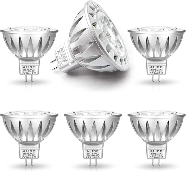 ALIDE MR16 LED Bulbs, GU5.3 7W, 6000K Daylight, 50W-75W Halogen Equivalent, 12V Spotlight, 6 Pack.