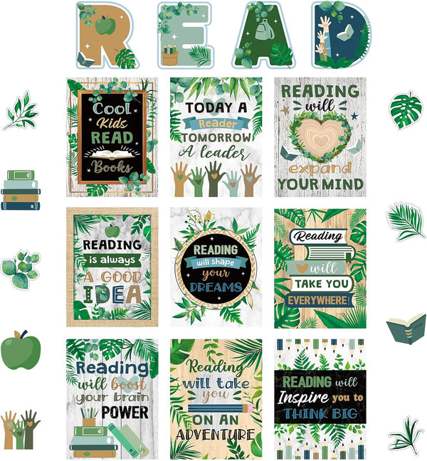 Zonon 45 PCS Eucalyptus Reading Bulletin Board Poster, Boho Greenery Motivational Prints for Teachers