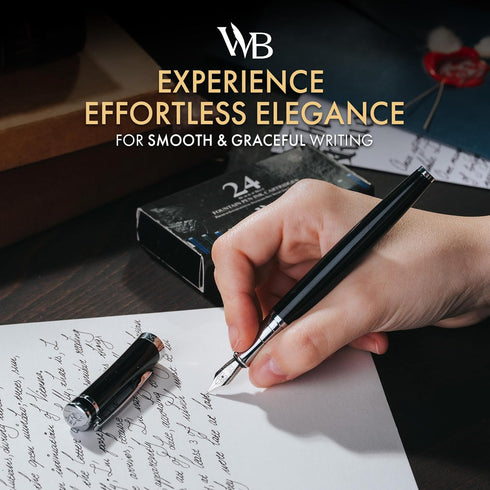 Wordsworth & Black Fountain Pen Set, Medium Nib, 24 Ink Cartridges & Refill Converter, Gift Case for Calligraphy