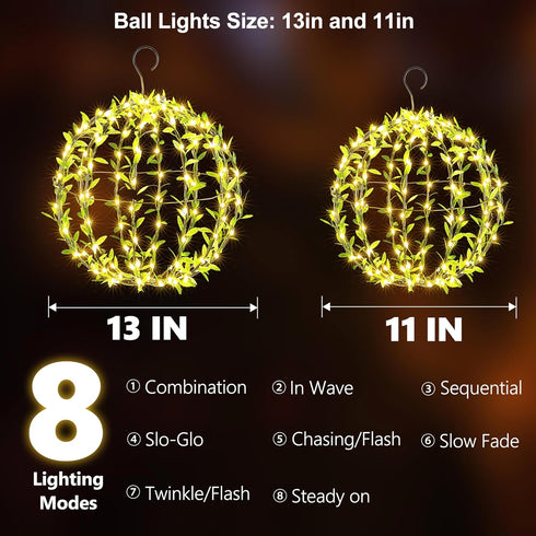 2-Pack 13in 11in 264 8 Joomer Solar Hanging Ball Lights Outdoor, & Total LED Solar Globe Lights, Modes Waterproof Metal