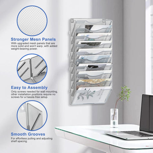 EasyPAG Mesh Wall File Holder, 10 Pockets Vertical Office Hanging File Organizer, Silver Magazine Rack for Documents