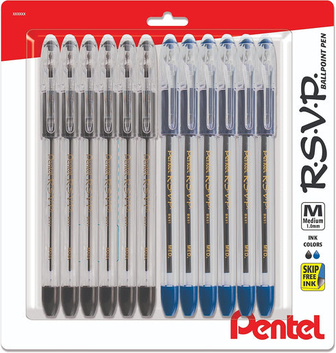 Pentel RSVP Medium Point Pens, 1.0mm - 12 Pack of 6 Black & 6 Blue Ballpoint Pens