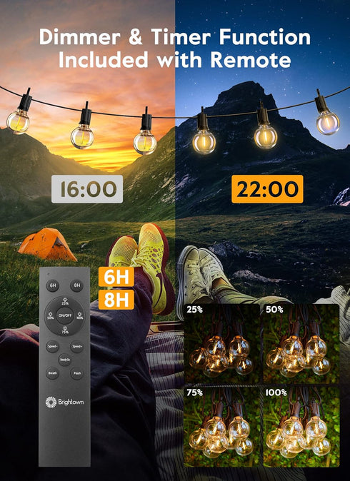 38Ft(28+10) 17 Bulbs(2 E12 Brightown Led String Lights Outdoor with Remote Hooks and Clips, Patio String Lights