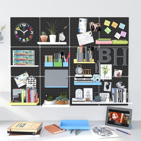 4 Pack Metal Pegboard Panels, Black Wall Organizer with Bent Frame for Heavy Duty Home Storage
