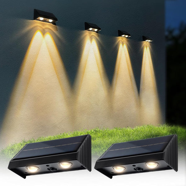 Solar Wall Lights Outdoor 3000K Warm White, Waterproof LED Sconce for Fence Deck Pathway Patio (2 Pack, Downlight)
