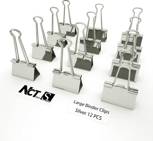 Silver Binder Clips, Large (Jumbo) 2 Inch (50 mm), Assorted Size Metal Fold Back Clips, 12 Count