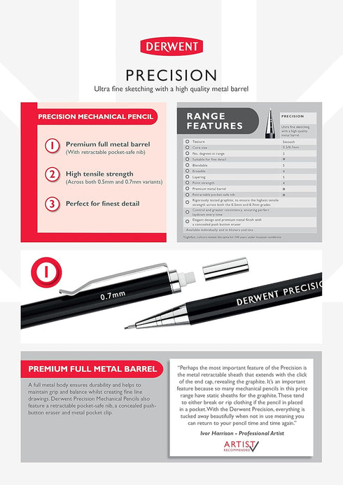 Derwent Mechanical Pencils 0.7, Metal Barrel, Precision, HB (2302429)
