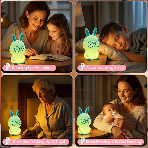 7-Color 3-Level Dimmable 30Min Bunny Night Light for Kids, Soft Silicone Nursery Lamp, Glow, Warm Light, Tap Control