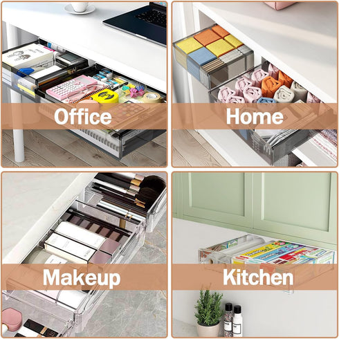 Under Desk Storage Organizer, 2 Pack Slide Out Large & Medium Drawers, Attachable Pencil Tray for Desktop