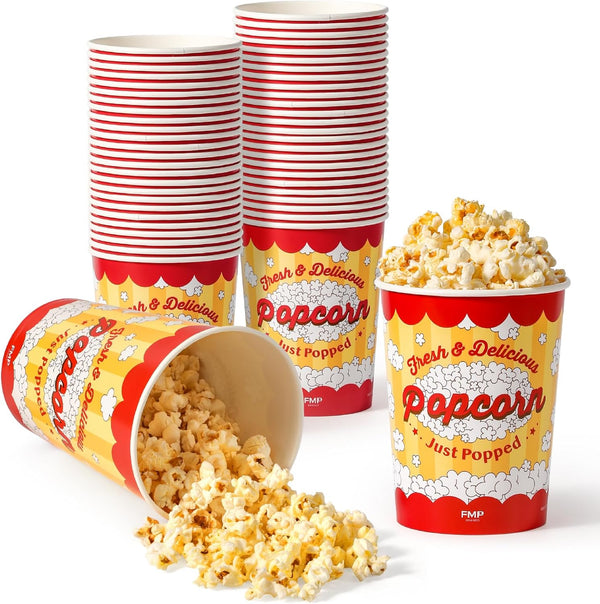 Fit Meal Prep 25 Pack Classic Paper Popcorn Buckets - 32 Oz Disposable Grease Resistant Bowls for Movie Night