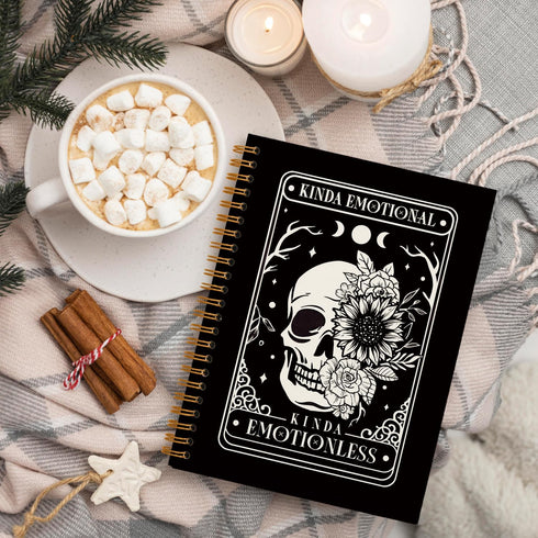 Tarot Skull Moon Sun Notebook, Kinda Emotional Kinda Emotionless Motivational Skeleton Journals, Flower Hardcover