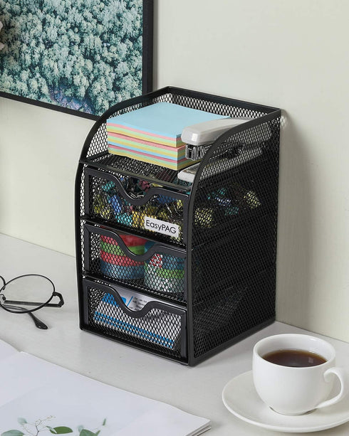 EasyPAG Mesh Desk Supplies Organizer with 3 Drawer, Office Desktop Organizers and Accessories Stationery Caddy, Black