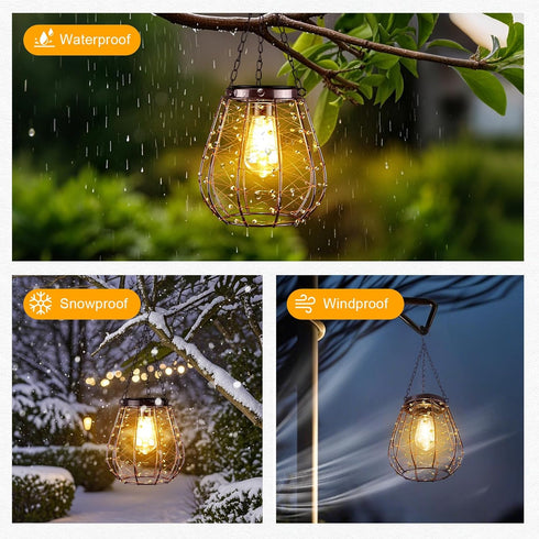 2 Pack- Hanging Solar Lantern Lights, Solar Chandelier Outdoor Waterproof Vintage Copper Outdoor Hanging Lights